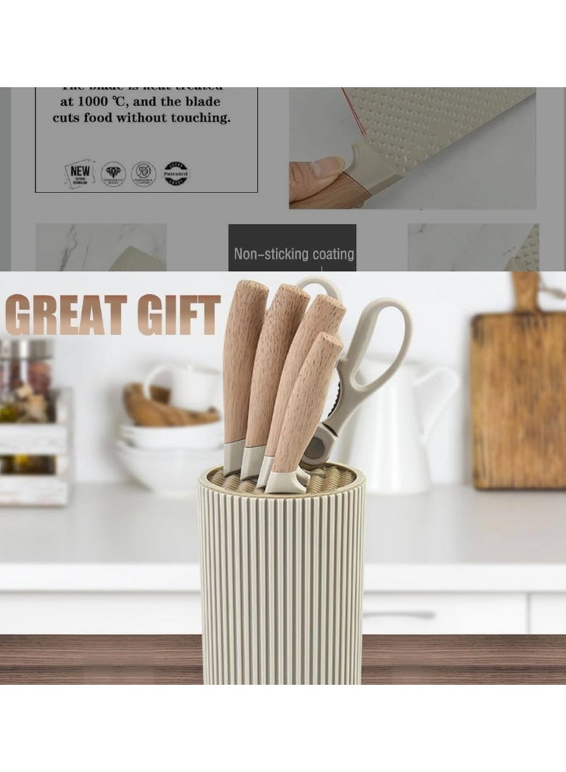 Kitchen Knife Set, 6-Pieces Khaki Sharp Knife Set for Kitchen, Non-stick Non-slip Stainless Steel Chef Knife Set with Universal Knife Block Suitable for Home Restaurant (Khaki) - Image 4